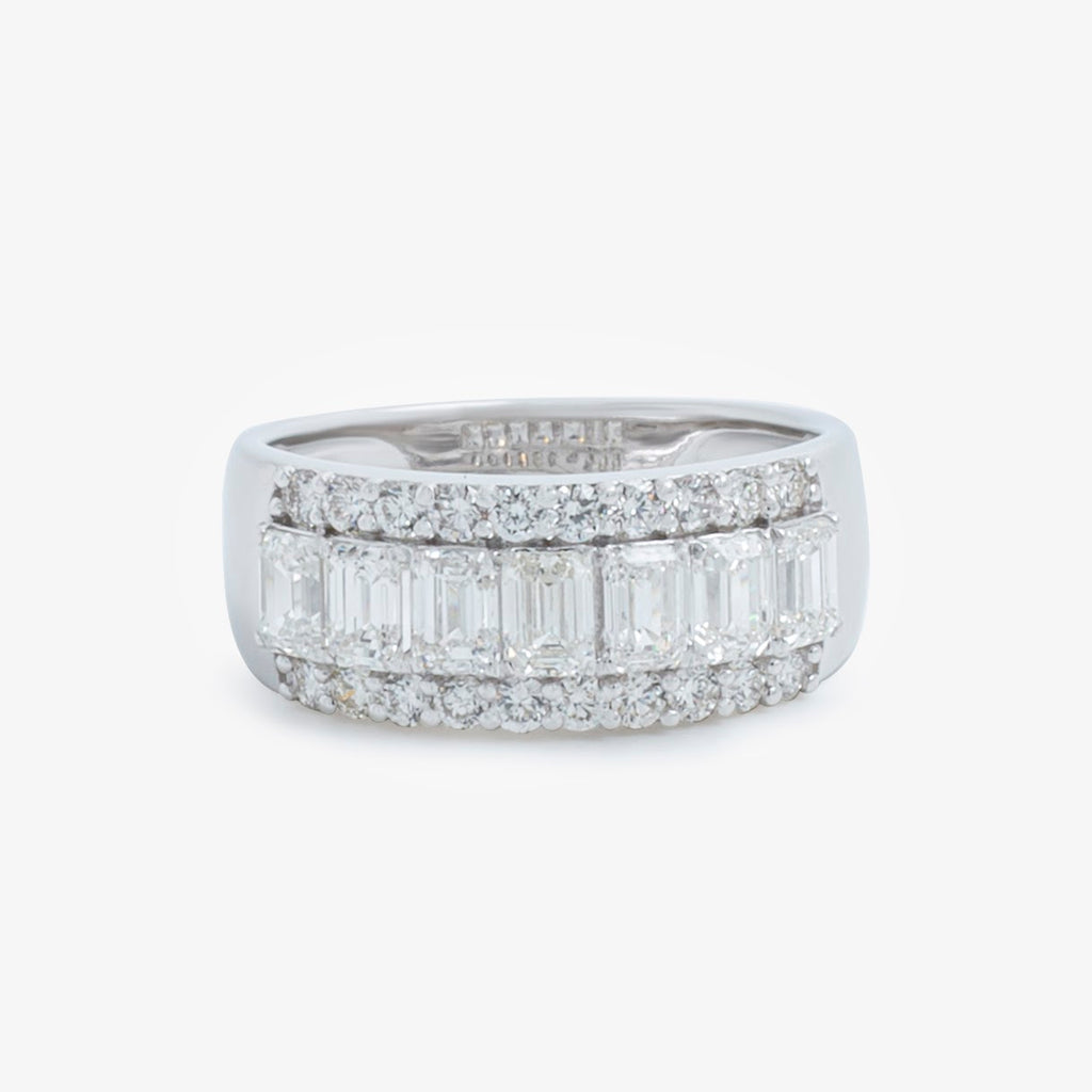 14K White Gold Emerald & Round Diamond Statement Band Ring