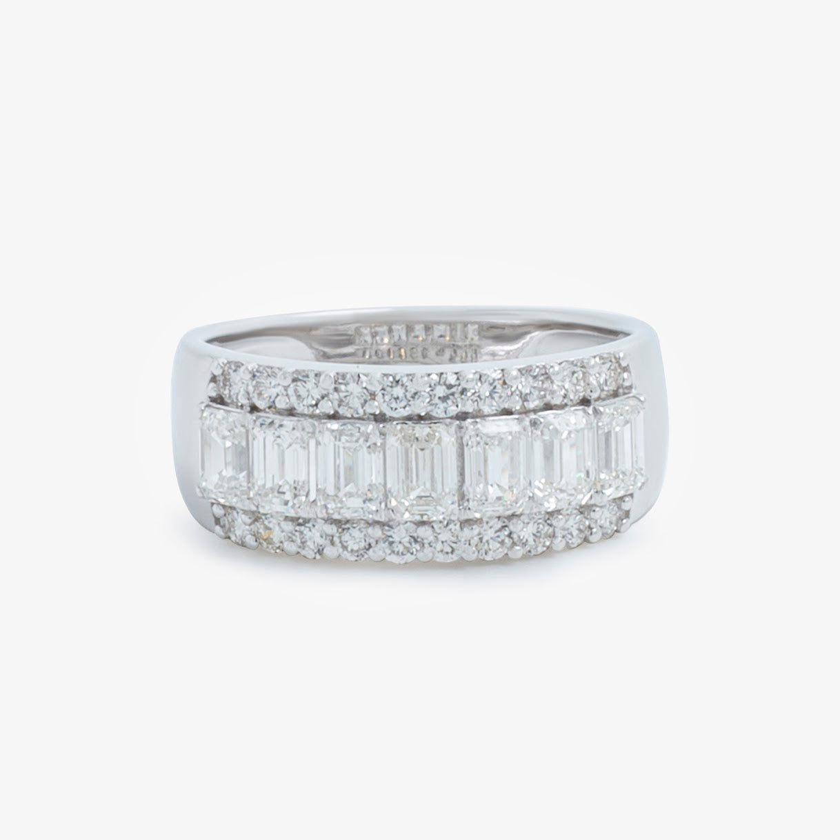 14K White Gold Emerald & Round Diamond Statement Band Ring