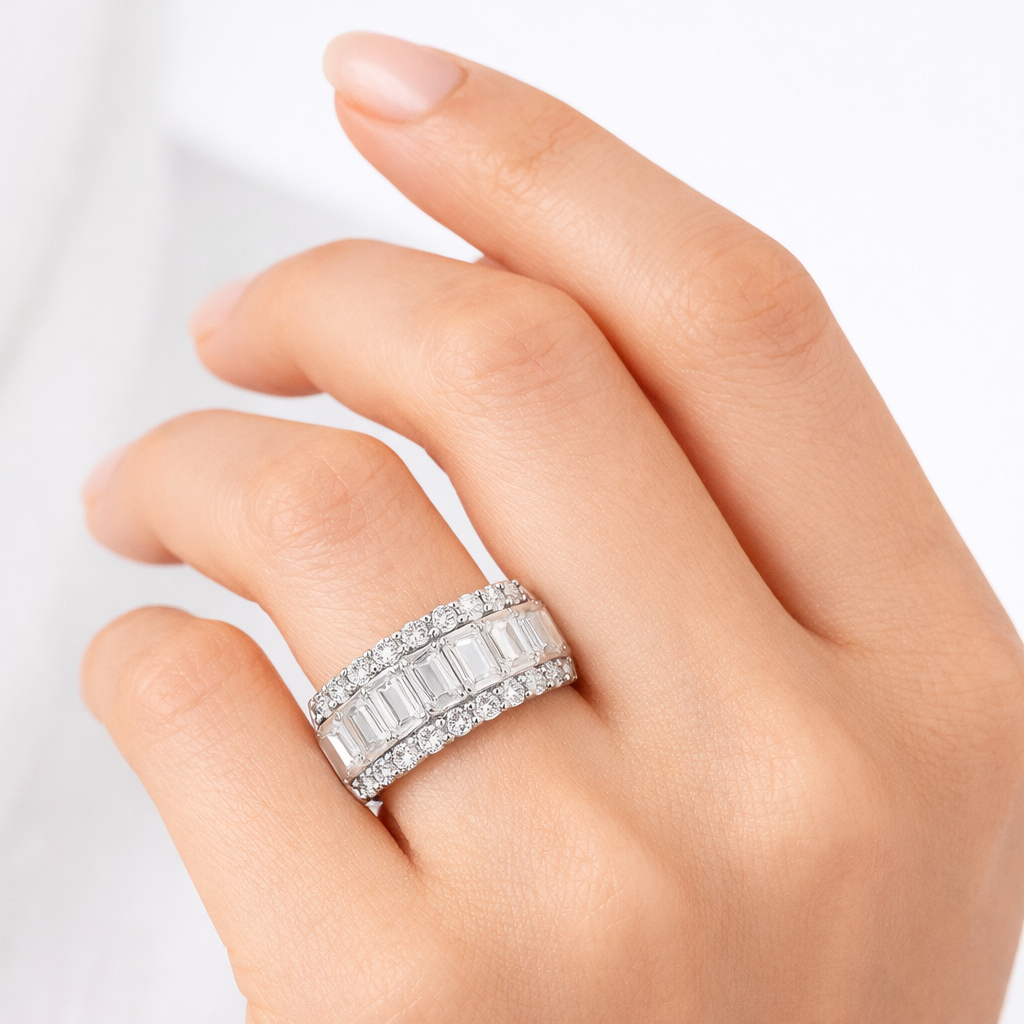 14K White Gold Emerald & Round Diamond Statement Band Ring