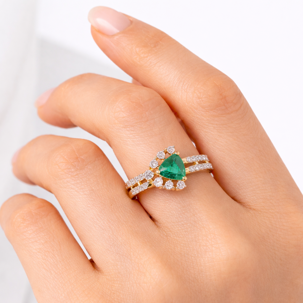 Verdant Trinity Emerald & Diamond Halo Ring